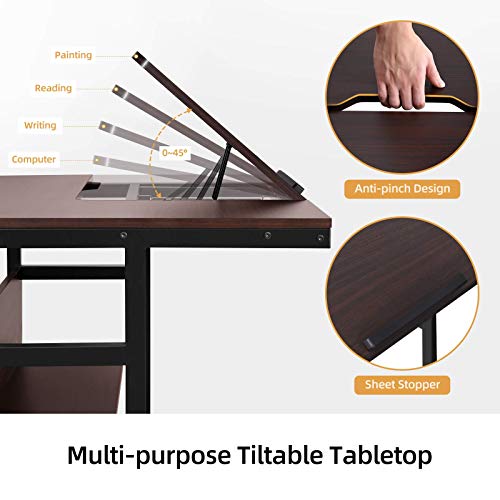 YITAHOME Tiltable Modern L-Shaped Computer Desk with Bookshelf, 67 inch Double Workstation Corner Studying Desk Drafting Drawing Gaming Table for Office Home, Walnut