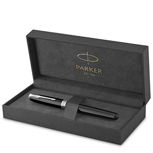 PARKER Sonnet Fountain Pen, Black Lacquer with Palladium Trim, Solid 18k Gold Fine Nib