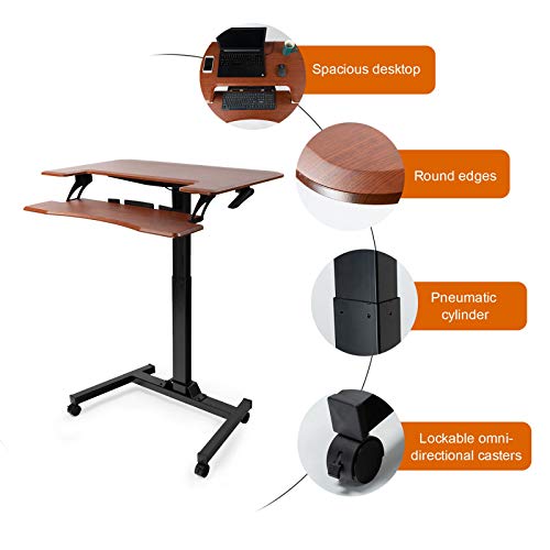 FRITHJILL Mobile Stand Up Desk, Pneumatic Height Adjustable Sit Stand Laptop Desk Movable Workstation with Keyboard Holder