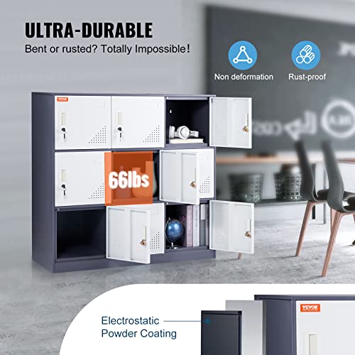 VEVOR Metal Employee Locker, 9 Doors Storage Cabinet with Card Slot, Gray Steel, Keys, 66lbs Capacity