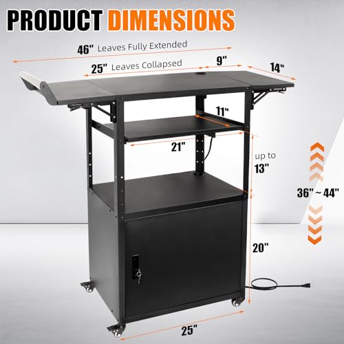 TooCust Large Steel AV Cart with Drop Leaves, Locking Cabinet, Height Adjustable, Pullout Keyboard Tray, Power Strip - Mobile Workstation for Office, Classroom & Warehouse