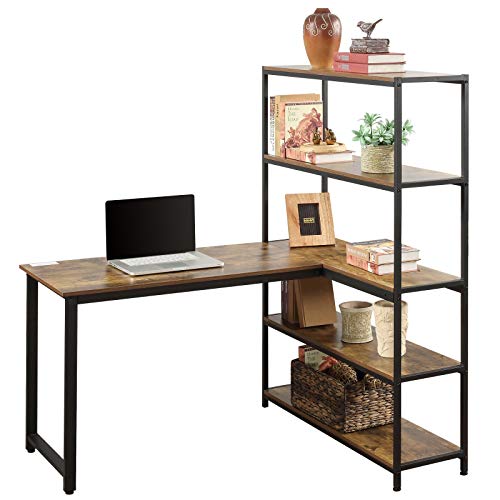 PovKeever Home Office Two Person Computer Desk with Shelves, Extra Large Double Workstations Office Desk with Storage Shelves (Brown)