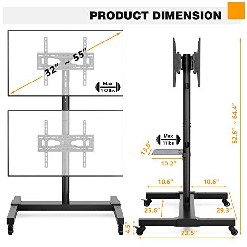 5Rcom Rolling TV Cart for 32-55 Inch TVs with Laptop Shelf, Height Adjustable - Holds Up to 132 lbs