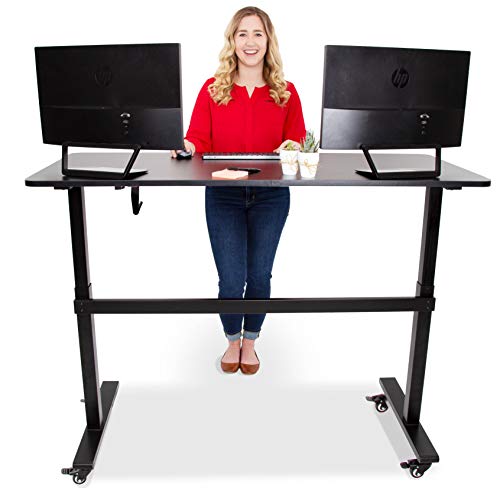 Stand Steady Tranzendesk | 55 Inch Standing Desk with Detachable Wheels | Front Crank Easy Manual Height Adjustable Sit to Stand Desk | Modern Ergonomic Desk Supports 3 Monitors (55 / Black)