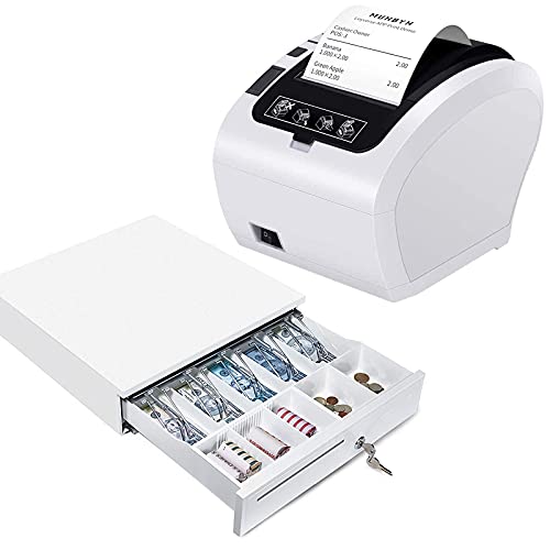 MUNBYN POS Printer and Cash Drawer, 80MM USB Network Thermal Receipt Printer, Fit with 16" White Cash Register Drawer Box