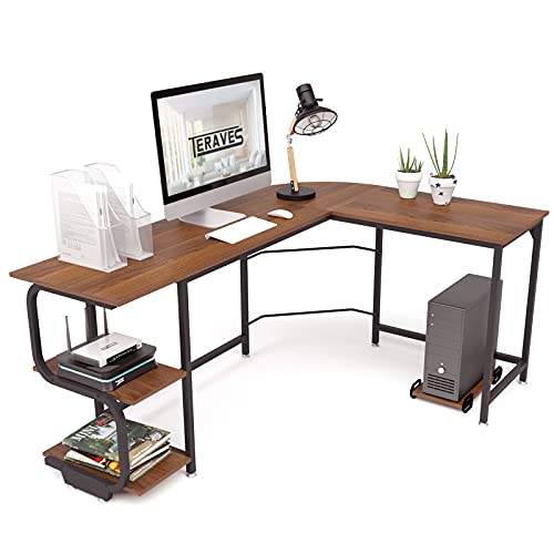 Teraves Reversible L Shaped Desk with Shelves Round Corner Computer Desk Gaming Table Workstation for Home Office