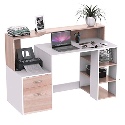 HOMCOM 54" Multi-Level Modern Design Home Office Desk with 3 Storage Shelves & 2 Pull-Out Drawers, Oak