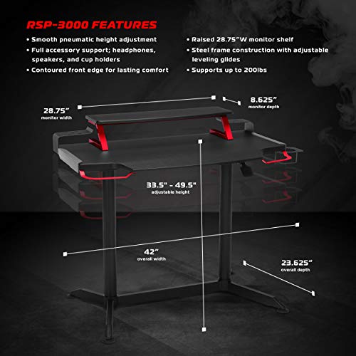 RESPAWN 3000 Gaming Computer Desk - Ergonomic Height Adjustable Gaming Desk, in Red (RSP-3000-RED)