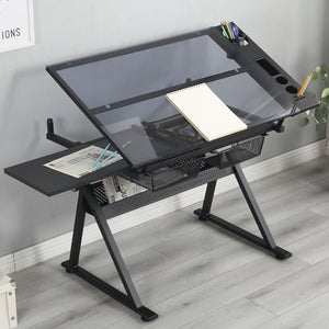 Tzou Drafting Desk with Side Shelf and Chair - Adjustable Drawing Table with Storage Drawers - Tempered Glass Art Table for Home Office