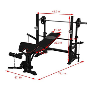 Olympic Weight Bench with Strength Training Equipment Press Squat Rack Barbell Rack | Weightlifting Bench Full-Body Workout Equipment with Preacher Curl Leg Developer for Home Fitness