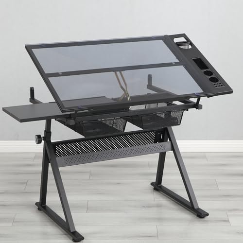 Tzou Drafting Desk with Side Shelf and Chair - Adjustable Drawing Table with Storage Drawers - Tempered Glass Art Table for Home Office