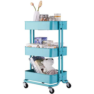 None 3 Tier Rolling Cart with Wheels Metal Utility Cart Storage Organizer Trolley (Blue, 1pcs)