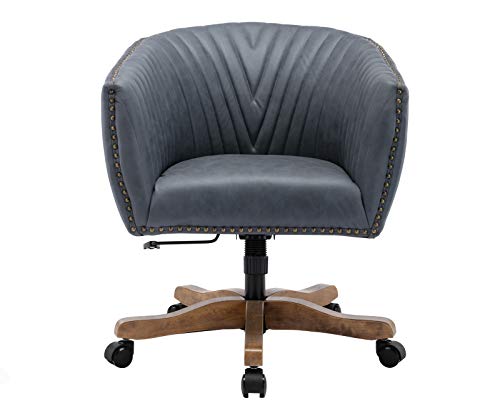 Chairus Retro Faux Leather Swivel Barrel Arm Chair with Luxury Nailheads, Mid Century Modern Upholstered Home Office Desk Accent Chair with Wood Base Mid-Back, Dark Grey