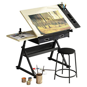 FLaig Adjustable Drafting Table with Stool, 2 Drawers, Metal Frame, Tiltable Art Craft Desk, Wooden Tabletop with Storage