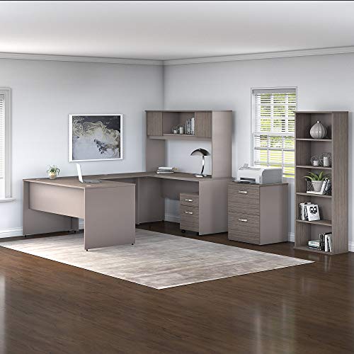 Bush Furniture Commerce 60W U Shaped Desk with Hutch, File Cabinets and Bookcase in Cocoa and Pewter