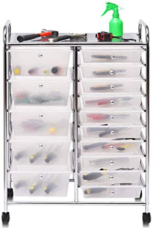 SPSUPE 15-Drawer Multipurpose Rolling Storage Cart with 4 Universal Wheels, Clear