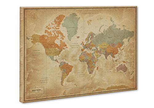 Vintage World Map Wall Art for Travel Tracking | Canvas World Map Push Pins | Detailed Map with Pins for Travel Tracking (40 x 30)