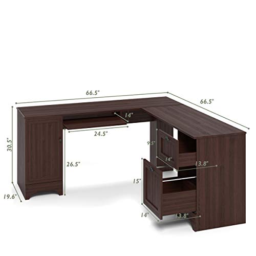 Tangkula 66.5” ×66.5” L-Shaped Desk, Modern Corner Computer Table with Drawers and Adjustable Shelf, Study Writing Table Workstation for Home Office (Coffee)