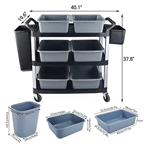 QQXX 3 Tier Rolling Utility Cart with Wheels - Heavy Duty Commercial Grade Storage Organization Cart - Mobile Shelving Unit for Kitchen Bar Restaurant (Black)