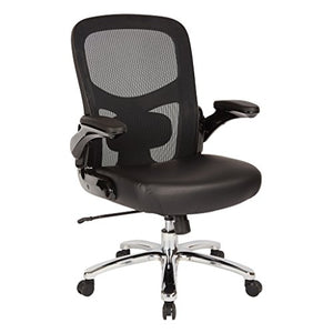 Office Star Big and Tall Mesh Back and Padded Bonded Leather Seat Executive Chair with Adjustable Lumbar Support, Adjustable Flip Arms, and Chrome Accents, Black