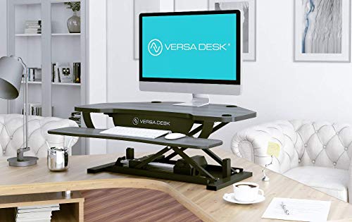 VersaDesk USA Manufactured | Power Pro Corner - 36" Electric Height-Adjustable Standing Desk Riser | Sit to Stand Desktop with Keyboard and Mouse Tray + USB Charging Port | All Black