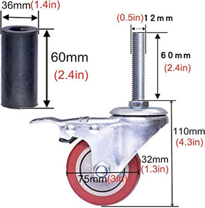 IkiCk Heavy Duty Polyurethane Caster Wheels with Brake - 100mm/4inch