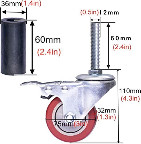 IkiCk Heavy Duty Polyurethane Caster Wheels with Brake - 100mm/4inch