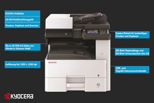 KYOCERA ECOSYS M4125idn Monochrome A3 MFP Laser Printer, 25 ppm, 600 x 600 dpi, Duplex, HyPAS Capable