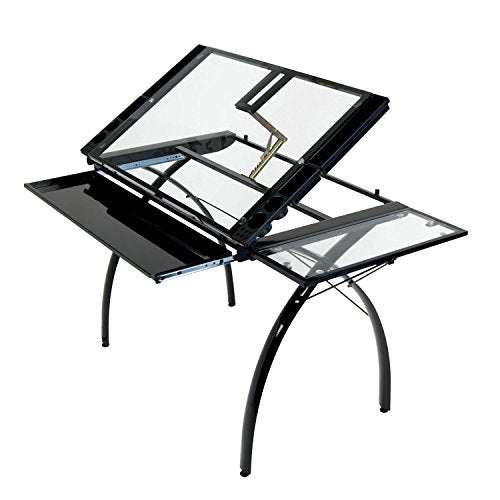 Offex Home Futura Craft Station with Folding Shelf Black/Clear Glass