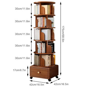 ARMERI 5-Tier Rotating Bookshelf with Storage Drawer, 360° Display - Wooden Corner Bookcase Storage Rack