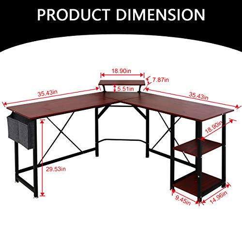AZGO L Shaped Desk Home Office Desk with Round Corner Computer Desk with Large Monitor Stand Space-Saving Easy to Assemble PC Table Desk Office Writing Workstation for Home Office Bedrooom Wine Red