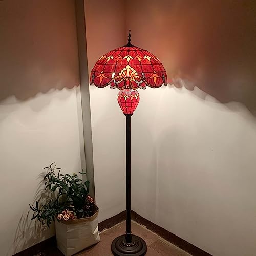 Bieye Baroque Tiffany Style Stained Glass Double Lit Floor Lamp 64-inch Tall (Red)