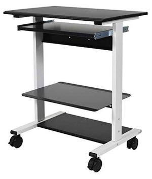 S Stand Up Desk Store Mobile Rolling Adjustable Height Standing Workstation with Printer Shelf and Keyboard Tray (White Frame/Black Top, 30" Wide)