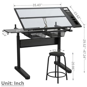 Gynsseh Height Adjustable Glass Drafting Table with Stool, 75° Tilting Tabletop - S3-Black