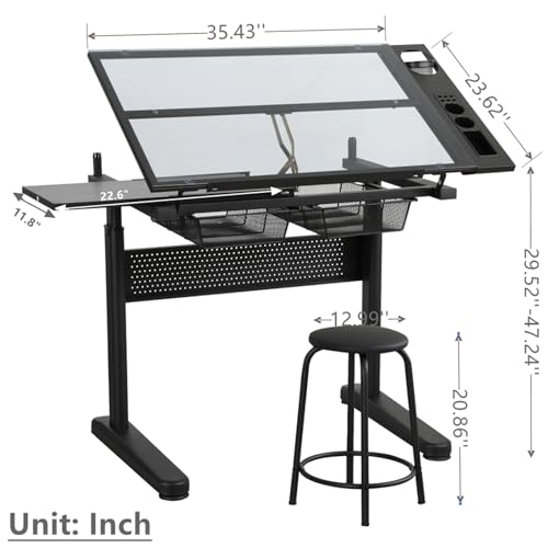 Gynsseh Height Adjustable Glass Drafting Table with Stool, 75° Tilting Tabletop - S3-Black
