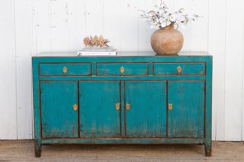 Lschool Antique Painted Sapphire Credenza - Distressed Aqua Blue Sideboard