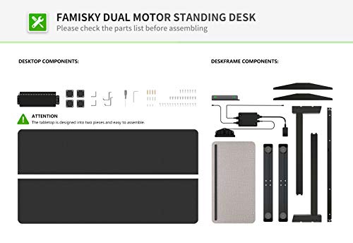 FAMISKY Dual Motor Adjustable Height Electric Standing Desk, Storage Panel with Tray, 48 x 24 Inches Stand Up Table, Sit Stand Home Office Desk with Splice Tabletop, Black Frame/Black Top