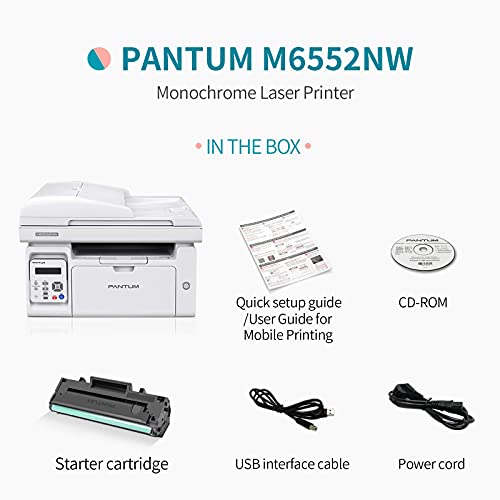 All in One Laser Printer Scanner Copier with Auto Document Feeder, Wireless Multifunction Black and White Laser Printer, Pantum M6552NW(W4G61A) White