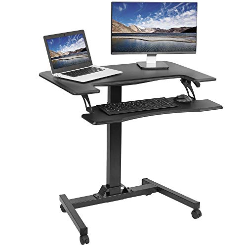 VIVO Black Pneumatic Mobile 36" Height Adjustable Two Platform Standing Desk - DESK-V111GT