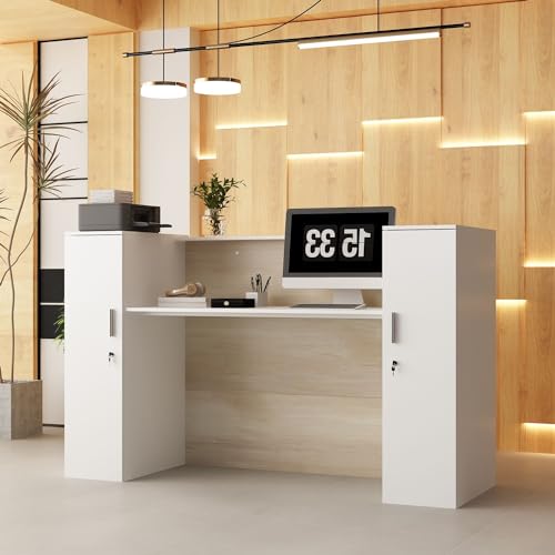 MOUMON Reception Desk Front Counter with Lockers, Adjustable Shelves - Oak/White (70.9”W x 23.6”D x 43.3”H)