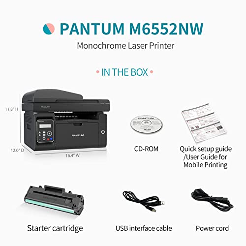 All in One Laser Printer Scanner Copier with Auto Document Feeder, Wireless Multifunction Black and White Laser Printer, Pantum M6552NW with Toner PB-211