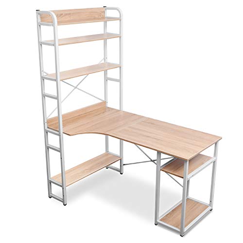 Wood Computer Desk with Metal Frame and 4-Tier Open Bookshelves Plenty Storage Spaces PC Laptop Gaming Desk Study Writing Table Workstation with Monitor & CPU Stand for Home Office Dorm School