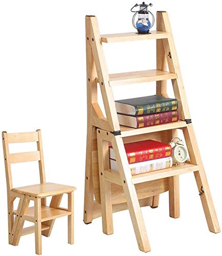 LUCEAE Folding Wooden Step Stool, 4 Steps with Non-Slip Wide Treads