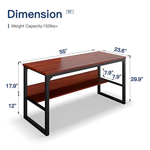 Coleshome Teak Computer Desk with Hutch Bookshelf, 55" Office Desk with Storage Drawers, Super Sturdy Writing Desk for Home Office