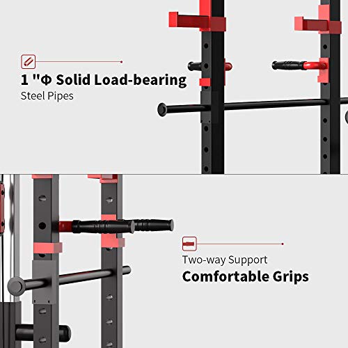 Multi-Functional Power Cage with LAT Pulldown,12 Height Adjustable Commercial Squat Rack 1000lb Capacity Home Gym Strength Training Equipment (86.61”H x 43.31”Wx 55.12”L)