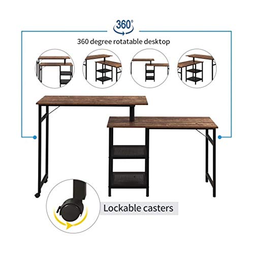 L-Shaped Home Office Rotating Standing Computer Desk, Modern Office Study Workstation, Industrial 360 Degrees Free Rotating Corner Computer Desk with Storage Shelf for Small Spaces (Brown)
