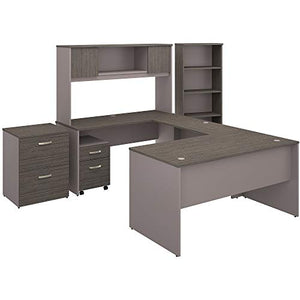 Bush Furniture Commerce 60W U Shaped Desk with Hutch, File Cabinets and Bookcase in Cocoa and Pewter