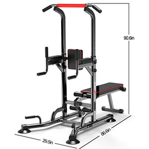 vin Power Tower Pull Up Bar Dip Station Adjustable Height Strength Training Workout Equipment with Dumbbell Bench for Home Gym