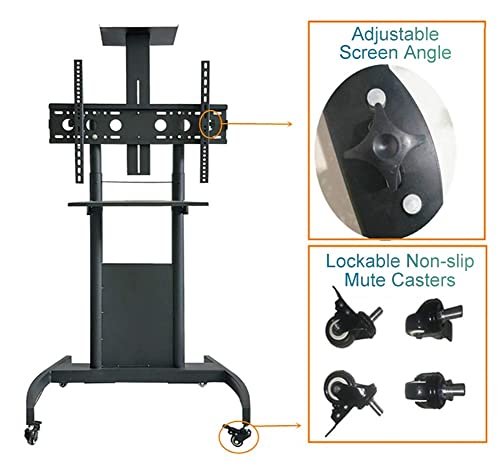 YokIma TV Stand Portable 32-65 Inch with Wheels and Shelves, Black Rolling Cart for LCD LED Plasma Screens, 50 Kg Load