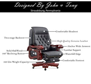 PENN EXECUTIVE CHAIRS Penn Executive Office Chair - Fully Reclining Genuine Leather with Solid Wood (320 Lbs. Weight Capacity) Black